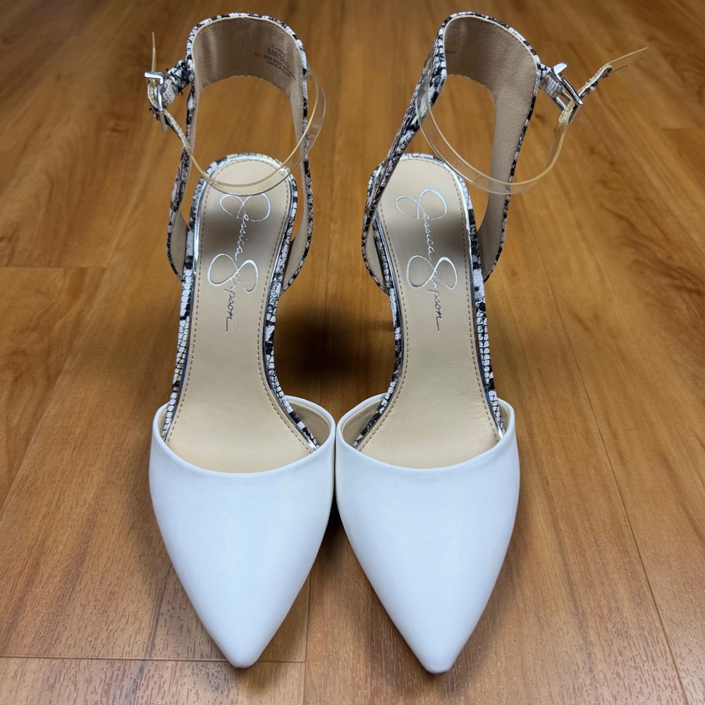 Jessica Simpson Hadiya White Snakeskin Ankle Strap Pointed Toe Pumps 8MJS-HADIYA